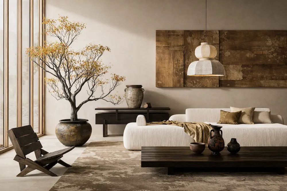 Wabi Sabi etkisi taşıyan lüks dekorasyon stilinde modern salon; doğal ışık alan mekânda zamansız krem koltuk, masif ahşap sehpa, doğal taş duvar paneli ve toprak tonlarıyla dengeli bir iç mekân kompozisyonu.