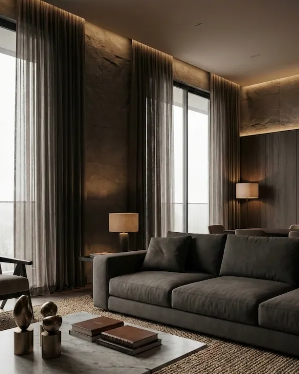 Koyu ahşap duvar paneli, doğal taş şömine ve bej koltuklarla tasarlanmış modern salon dekorasyonu, sofistike ve zamansız iç mekân stili.
