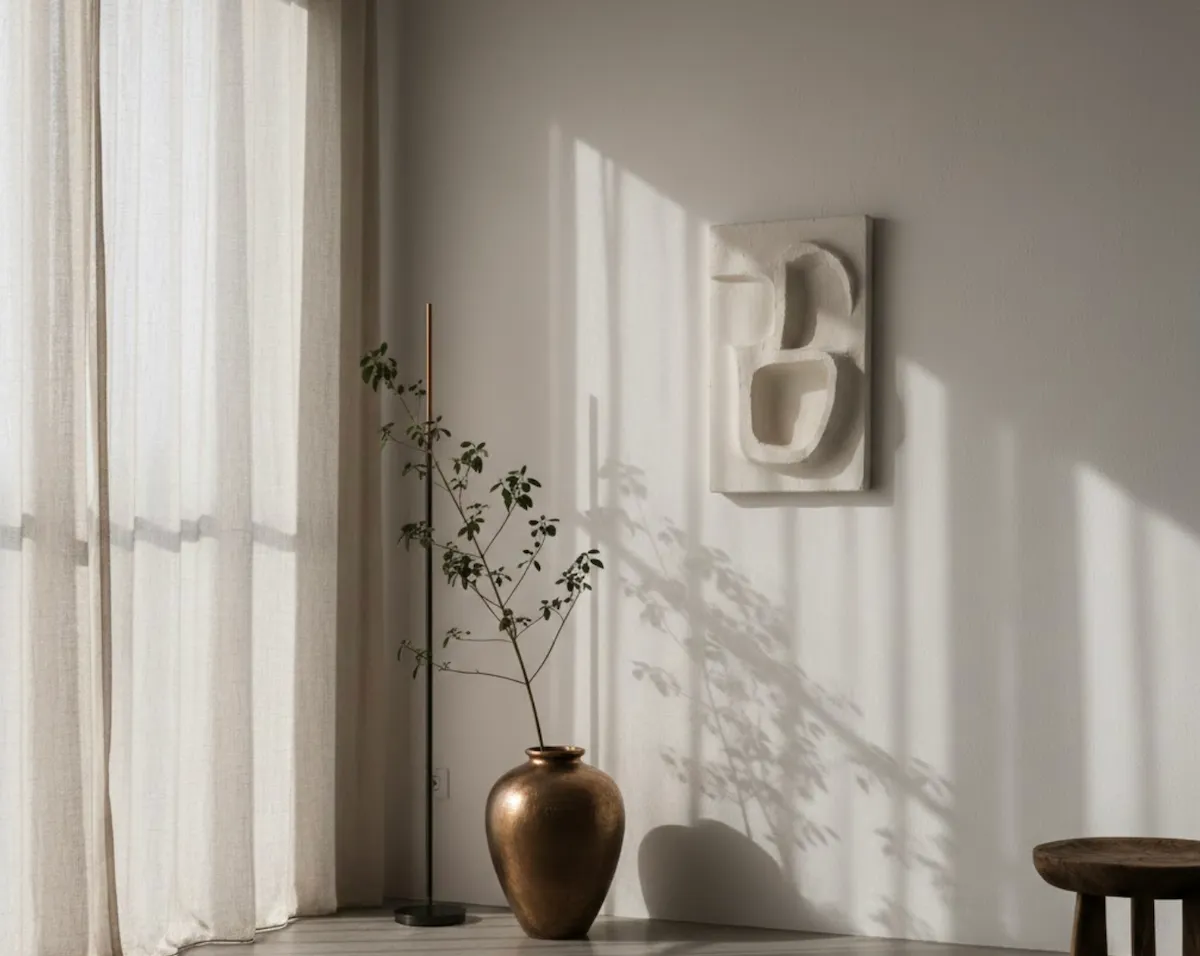 Minimalist lüks ev dekorasyonu; grej duvar, bronz metal vazo, doğal ışık ve heykelsi sanat eseri ile rafine salon tasarımı.