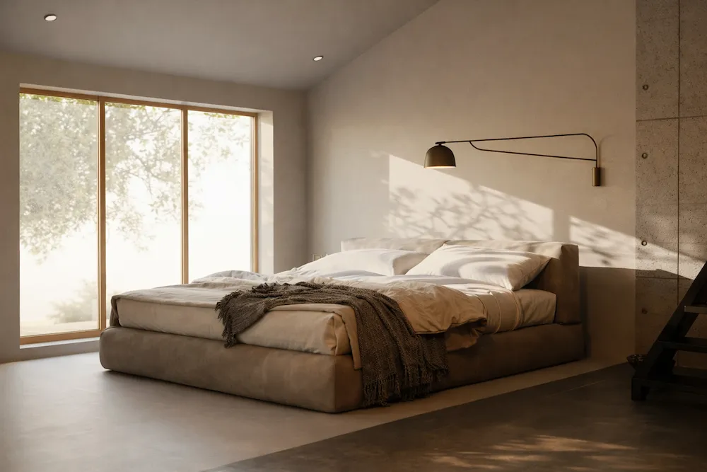 Büyük pencerelerden süzülen doğal ışıkla aydınlanan modern minimalist yatak odası; nötr tonlarda platform yatak, açık renk duvarlar ve sade dekorasyon ile ferah bir atmosfer.