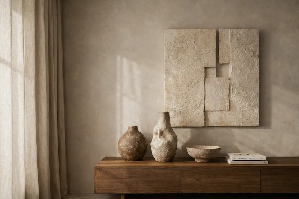 El yapımı seramik vazolar ve doğal dokulu sanat eseri ile zanaatkâr parçalarla oluşturulmuş modern lüks dekorasyon örneği.