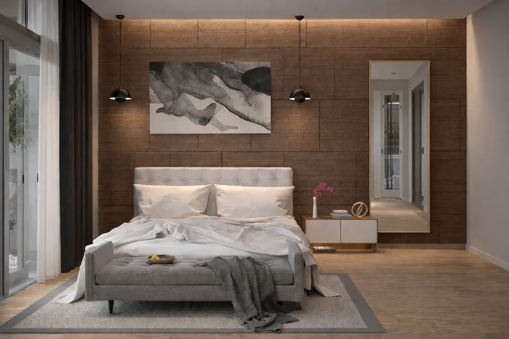 Modern yatak odasında ayna yerleşimi örneği; ahşap panel duvar önünde konumlandırılmış dikey ayna, kapı yansıması ve sade dekorasyonla feng shui uyumlu dengeli iç mekân tasarımı.
