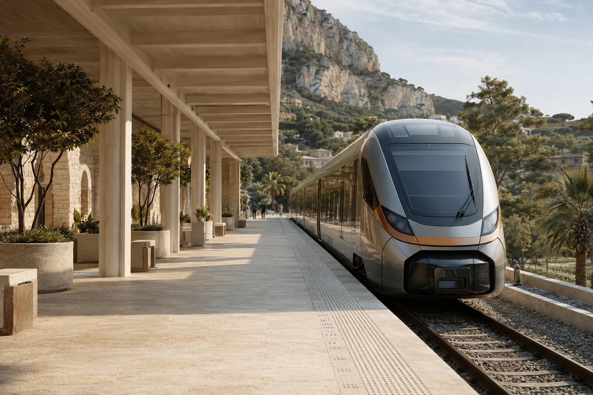 Modern ve zarif gümüş renkli bir tren, yüksek kayalık dağların ve yeşilliklerin çevrelediği geniş, sütunlu bir peronda durarak, düşük karbonlu seyahat için elverişli ve keyifli bir tren yolculuğu deneyimini sunuyor.