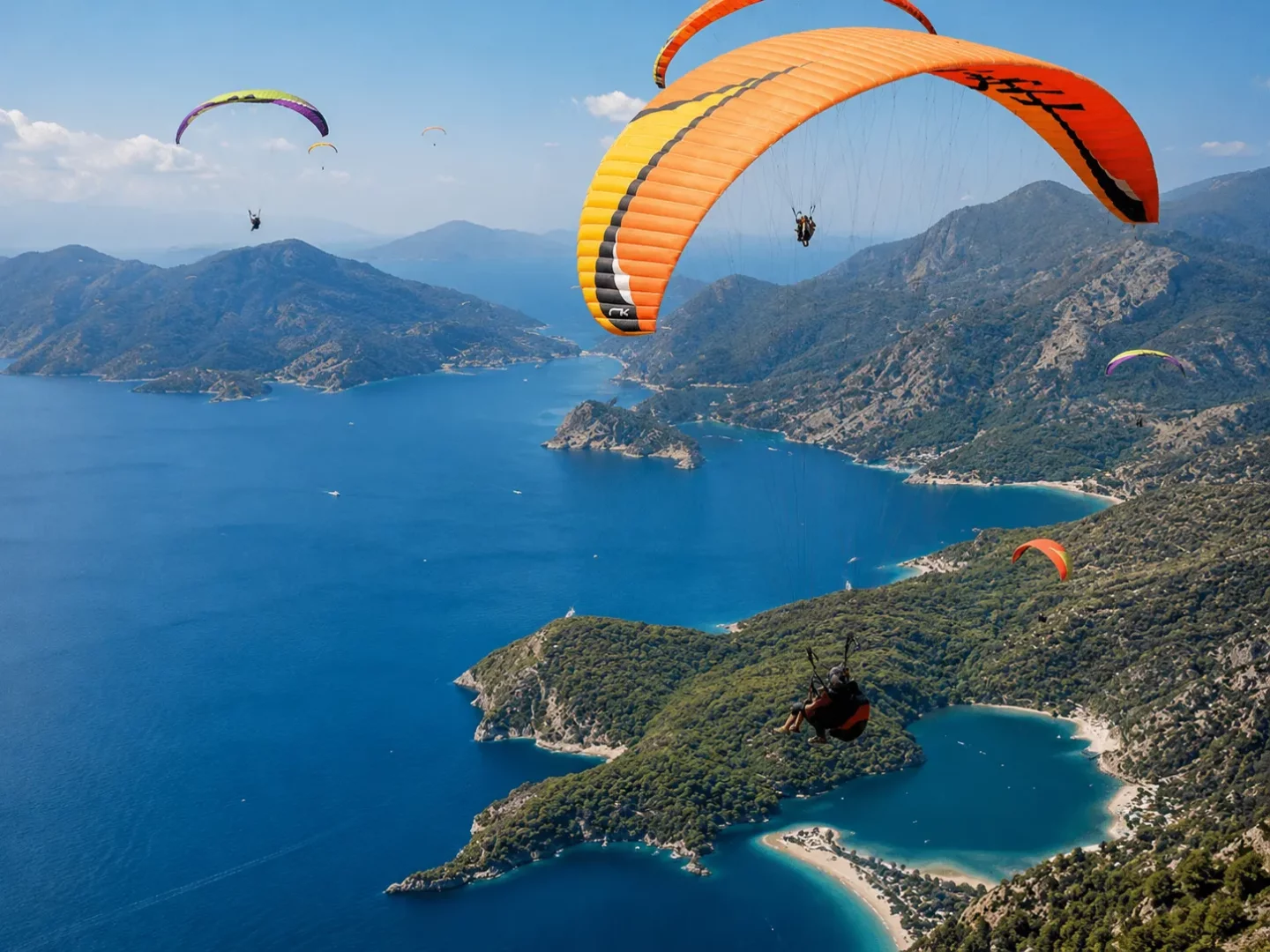 Babadağ'ın yemyeşil dağlarından, turkuaz renkli denizin ve koyların muhteşem manzarası eşliğinde süzülen çok sayıda renkli paragliding sporcusu gökyüzünde özgürce uçarken görülüyor, en önde turuncu bir paraşüt belirgin.