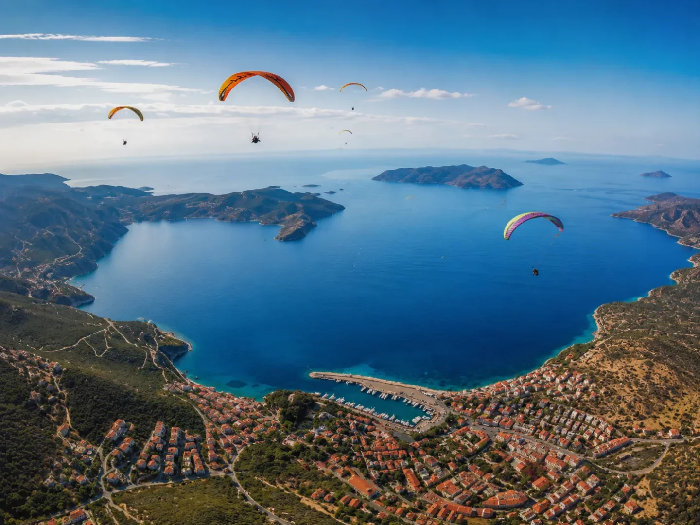 Kaş'ın Asas Dağı yamacından havalanan yamaç paraşütçüleri, masmavi Akdeniz sularının ve kıyı şeridindeki şirin evlerin üzerinden süzülerek bölgenin eşsiz manzarasını kuşbakışı sunuyor.