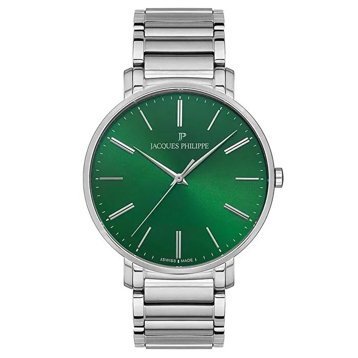 Yeşil kadranlı, minimalist tasarıma sahip Jacques Philippe erkek saati.