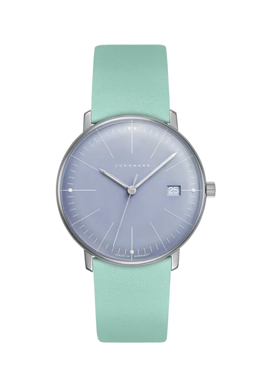 “Junghans Max Bill Automatic Bauhaus Edition – siyah kadranlı, renkli indeks detaylı ve siyah örgü kayışlı saat.