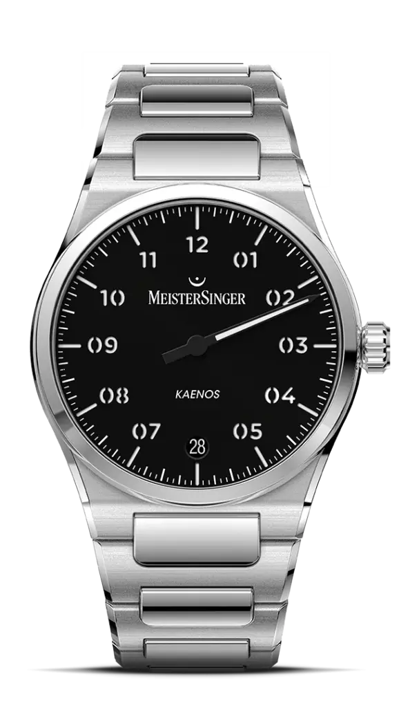 MeisterSinger Kaenos – siyah kadranlı, tek ibreli ve entegre çelik bilezikli otomatik saat.