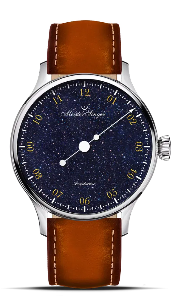 MeisterSinger Pangaea Aventurine – gece gökyüzü dokulu lacivert kadranlı, kahverengi deri kayışlı şık saat.