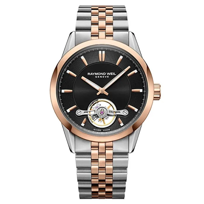 Siyah kadranlı, rose gold ve çelik kombinli Raymond Weil skeleton mekanizmalı saat.
