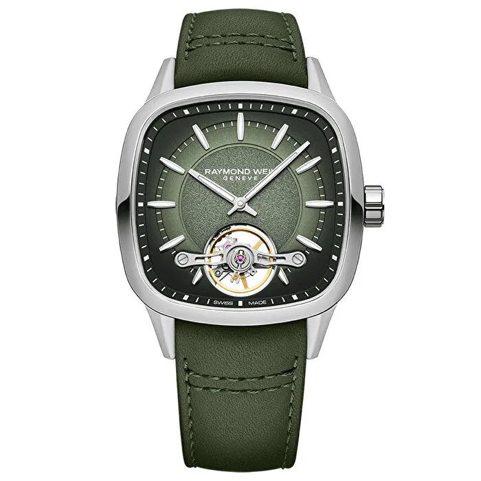 Yeşil kadranlı, kare kasalı ve deri kayışlı modern Raymond Weil erkek saati.