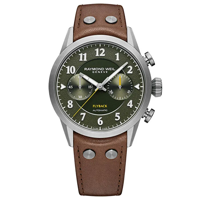 Raymond Weil kahverengi deri kayışlı, yeşil kadranlı Flyback kronograf saat.