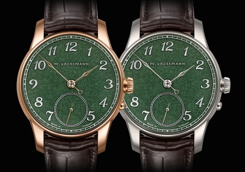 Moritz Grossmann Tremblage Green – yeşil dokulu kadranlı, pembe altın ve çelik kasalı klasik saat modeli.