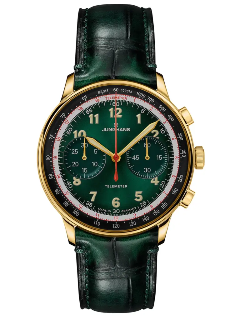 Junghans Telemeter Edition – yeşil kadranlı, altın kasalı ve telemetre ölçekli sınırlı üretim kronograf.
