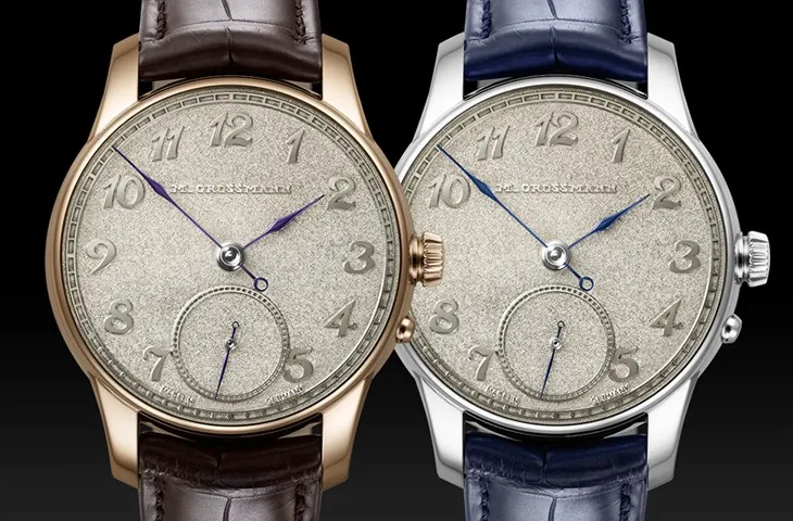 Moritz Grossmann Tremblage serisi – gri dokulu kadranlı, kahverengi ve lacivert deri kayışlı zarif saatler.