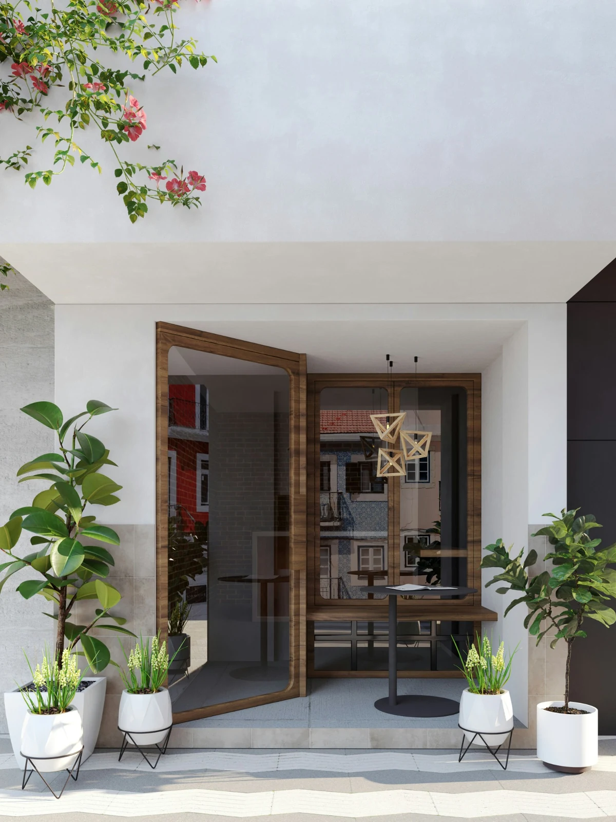 Beyaz duvarlı modern bir veranda girişinde, ahşap çerçeveli cam kapıların önünde beyaz saksılarda çeşitli yeşil bitkiler ve çiçekli uzun otlar sıralanmış, üst kısımdan sarkan pembe çiçekli sarmaşıklar ve kapılardaki şehir yansımaları hoş bir atmosfer yaratıyor.