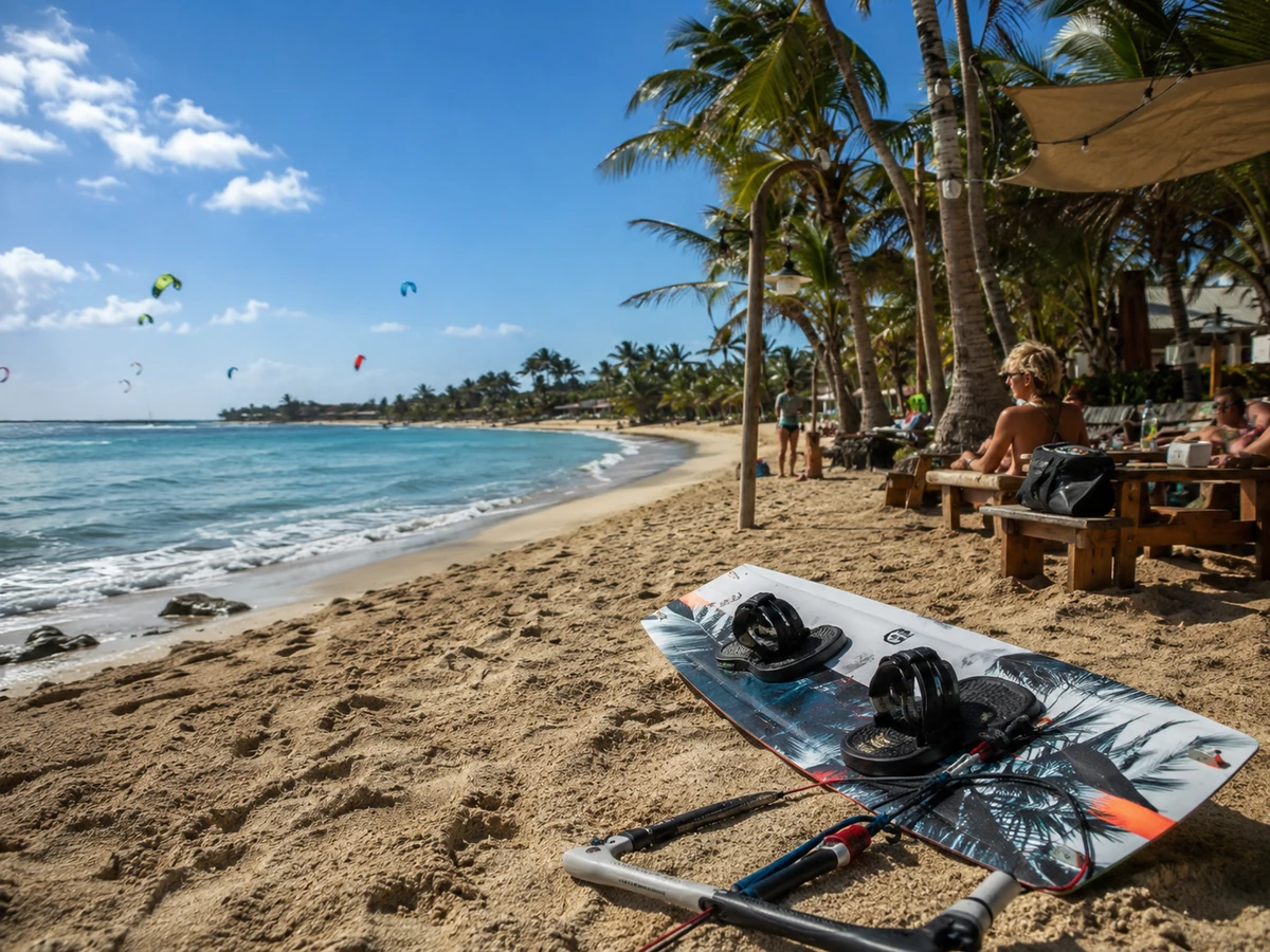 Cabarete, Dominik Cumhuriyeti'ndeki güneşli bir kumsalda, ön planda bir kitesurf tahtasının ve kontrol barının durduğu, arka planda palmiye ağaçları altında dinlenen insanlar ve denizde süzülen renkli kitesurf uçurtmalarıyla dolu canlı bir rota manzarası.