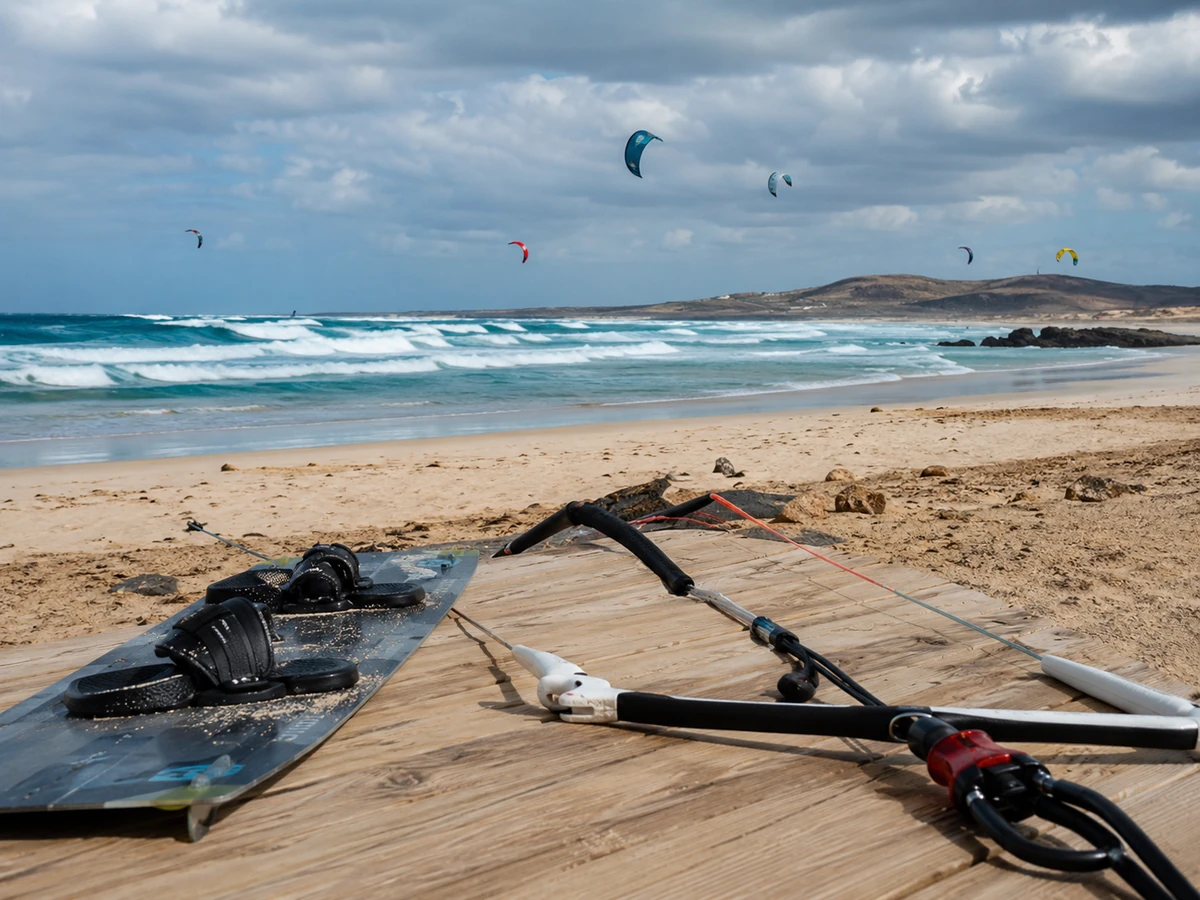 Ön planda ahşap zemin üzerinde bir kitesurf tahtası ve kontrol çubuğunun bulunduğu, arkada ise masmavi denizde beyaz köpüklü dalgaların ve gökyüzünde süzülen renkli uçurtmaların oluşturduğu, Cape Verde'deki ideal bir kitesurf rotasını betimleyen geniş bir sahil manzarası.