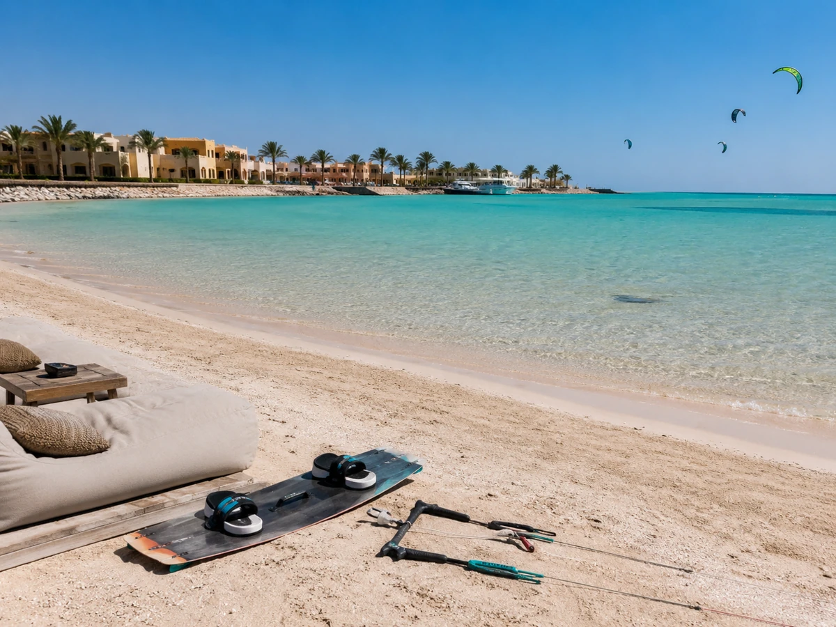 El Gouna, Mısır'ın popüler kitesurf rotasında güneşli bir günde, berrak turkuaz sular üzerinde rengarenk uçurtmalarla sörf yapanlar görülürken, ön planda kumda bir kitesurf tahtası ve şezlong, arka planda ise palmiye ağaçlarıyla süslü tatil köyü binaları uzanıyor.