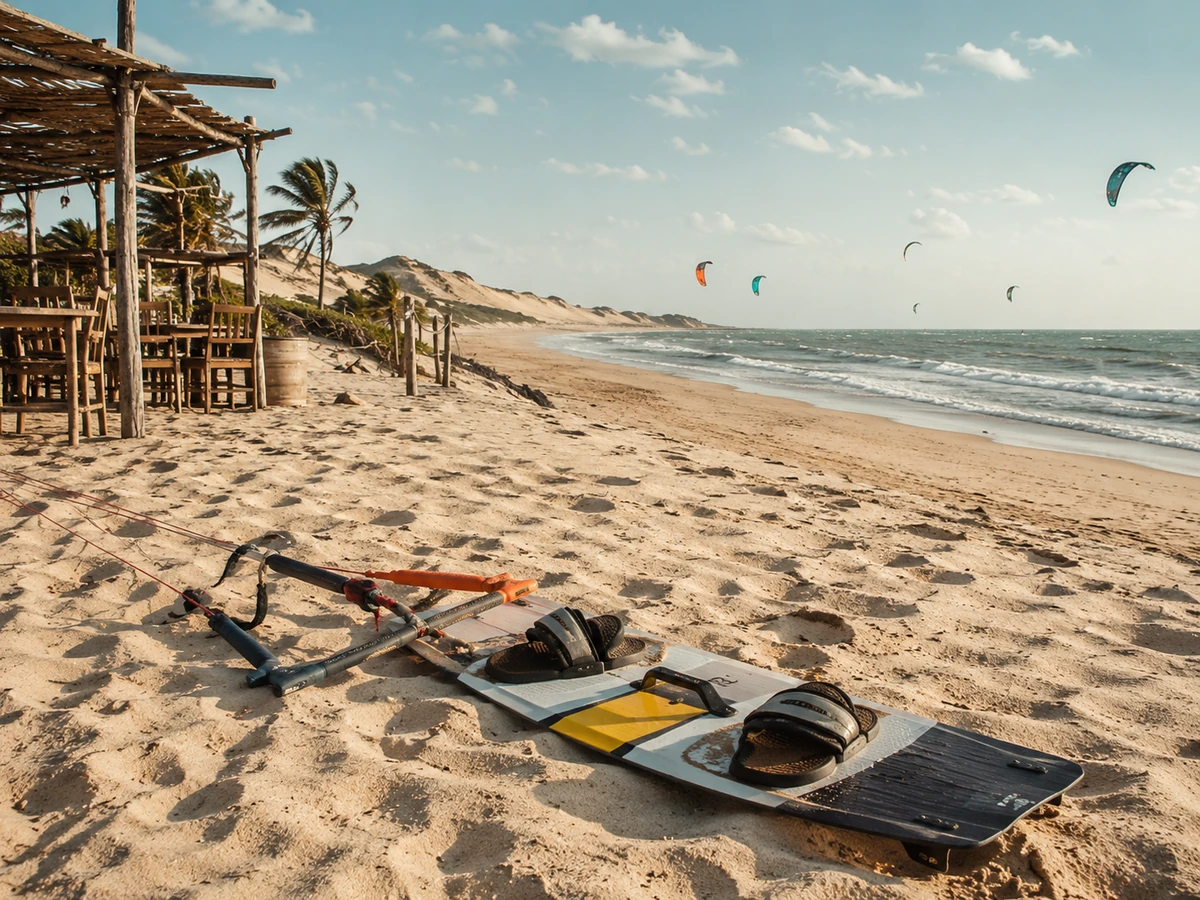 Bir kumsalın ön planında duran kitesurf tahtası ve ekipmanlarının yanında, dalgalı denizin üzerinde renkli uçurtmalarla kitesurf yapanların görüldüğü, palmiyeler ve kum tepeleriyle çevrili, Brezilya'daki Jericoacoara gibi popüler bir kitesurf rotası için ideal gün batımı manzarası.