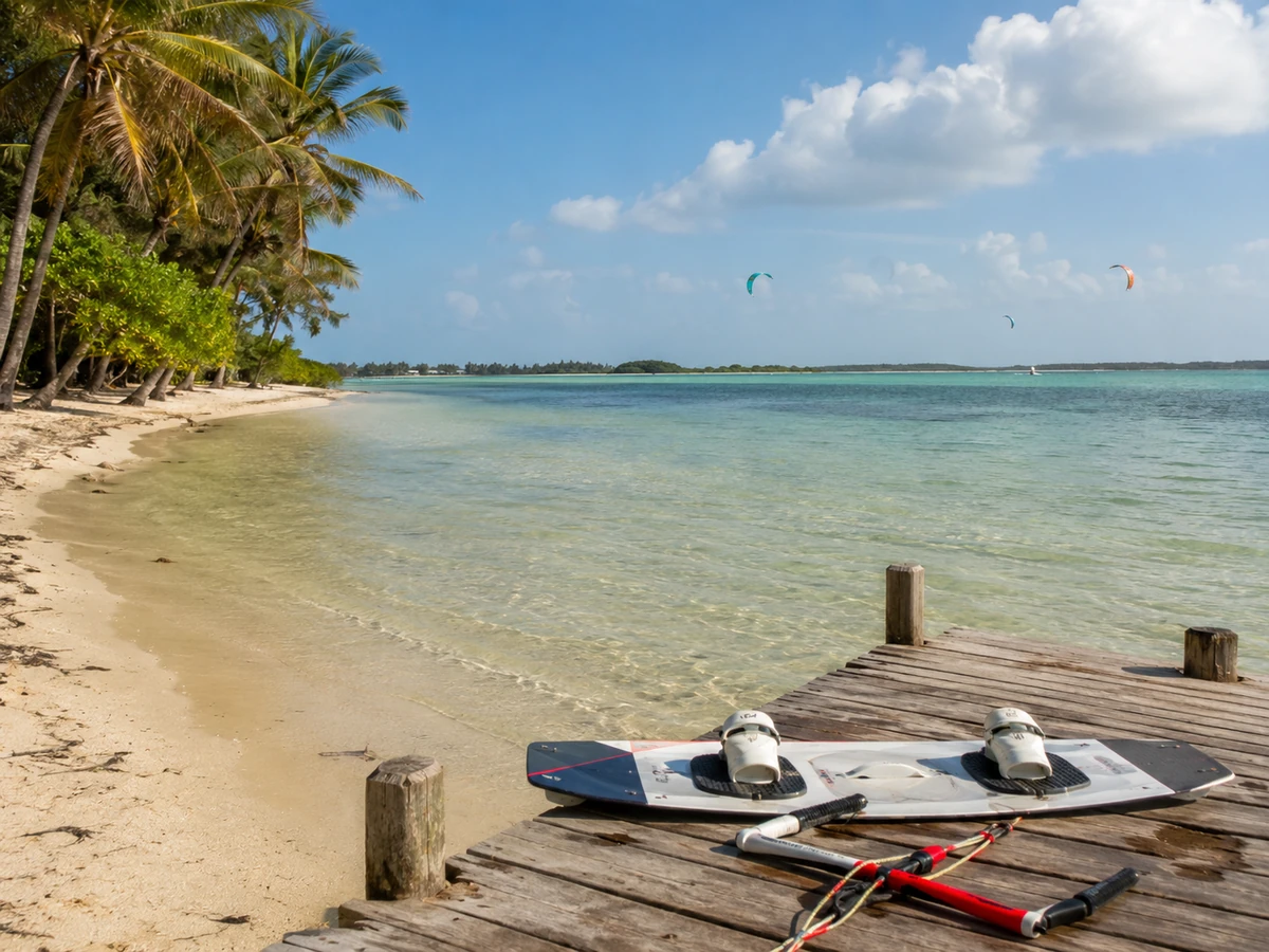 Bir iskele üzerinde duran bir kitesurf tahtası ve barı ile, palmiye ağaçlarıyla çevrili beyaz kumlu Kalpitiya plajında, berrak turkuaz sular üzerinde uçan renkli kitesurf paraşütlerinin görüldüğü büyüleyici bir sahil rotası.