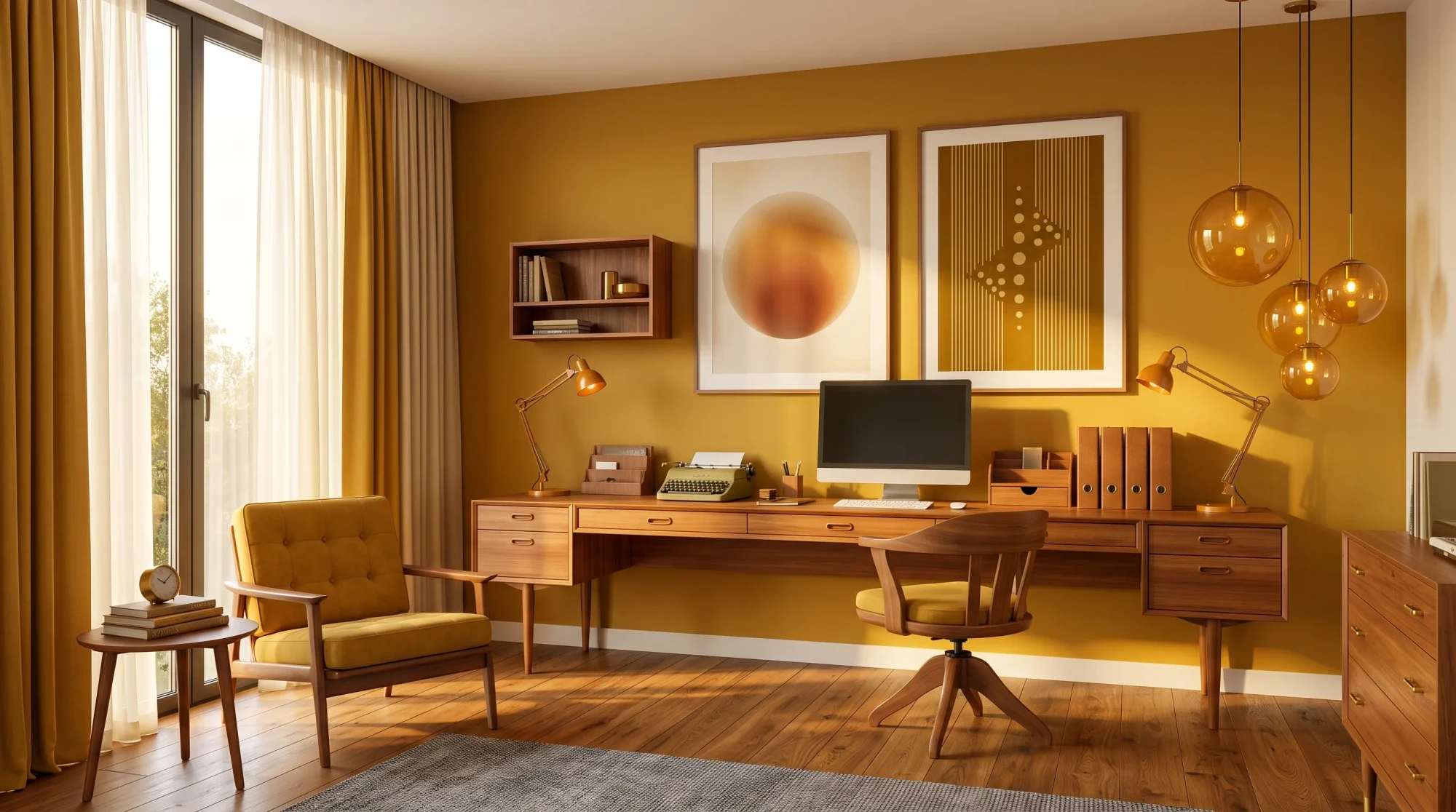Sarı duvarlara sahip, geniş pencereden ışık alan, ahşap çalışma masası ve ergonomik sandalyesiyle konforlu bir çalışma alanı sunan modern bir çalışma odası; duvarlarda soyut sanat eserleri, masada eski tip daktilo ve bilgisayar, yan tarafta rahat sarı bir koltuk ile şık bir atmosfer yaratıyor.