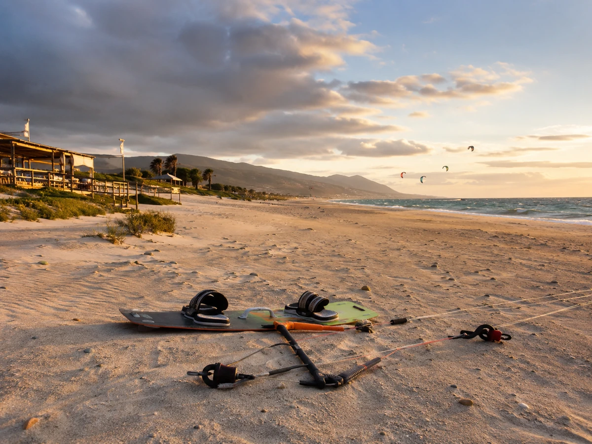 Kumsalın ön planında bir kitesurf tahtası ve kontrol çubuğu uzanırken, batı ışıklarıyla aydınlanan denizin üzerinde birkaç uçurtma süzülüyor; Tarifa, İspanya'nın bu rüzgarlı plajı kitesurf rotası için ideal bir görünüm sunuyor.