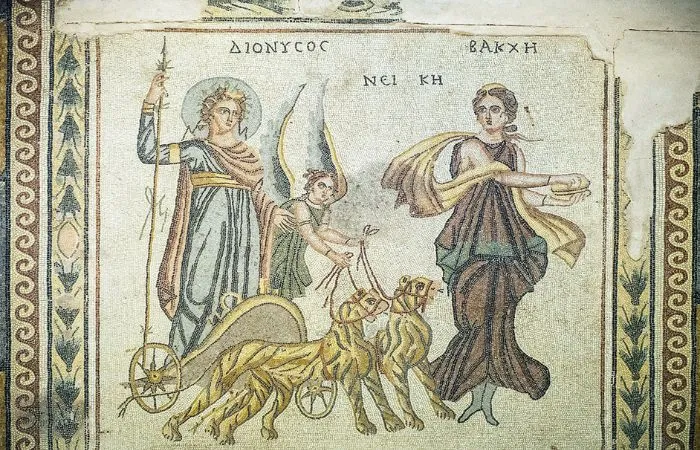 Zeugma Mozaik Müzesi'nden öne çıkan bir eser olan bu detaylı antik mozaikte, defne dallı asasını tutan Dionysos, kanatlı Nike'nin dizginlerini tuttuğu iki parsın çektiği arabasında ilerlerken, sağda ise Bakkhe elinde bir kaseyle tasvir edilmiştir.