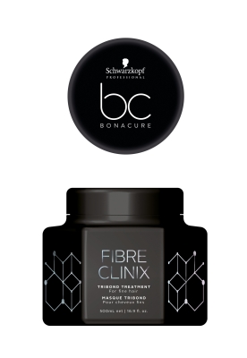 Üstünde Schwarzkopf Professional BC Bonacure logosu bulunan siyah bir kapak ve altında 500 ml'lik, FIBRE CLINIX yazılı siyah BC Fibre Clinix Tribond Treatment saç maskesi kavanozu, makaledeki matlaşmış saç problemine karşı önerilen etkili çözümlerden biri olarak saçlara yoğun nem ve onarım vadediyor.