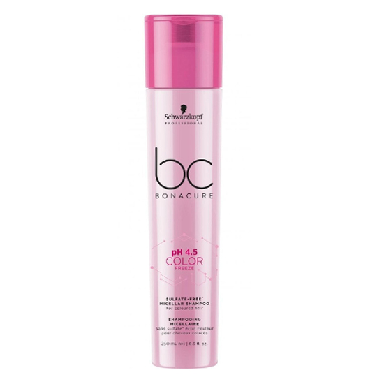 Schwarzkopf Professional markasına ait, pembe kapaklı ve açık pembe tonlarında 250 ml hacimli Bonacure pH 4.5 Color Freeze sülfatsız misel şampuan, özellikle boyalı saçların rengini yıpratmadan uzun süre korumak için tasarlanmıştır.