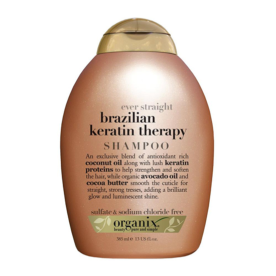 Bronz renkli, altın kapaklı, üzerinde ever straight brazilian keratin therapy yazan, saçları yatıştıran ve düzleştirici etki sunan 385 ml'lik Organix Brezilya Keratin Terapi Sülfatsız Şampuan şişesi.