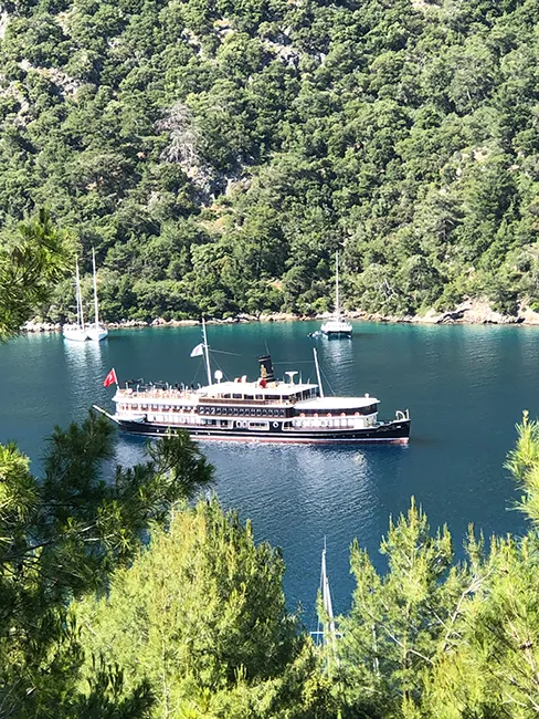 Yeşilliklerle çevrili koyda demirlemiş Halas 71 lüks yatı, doğayla iç içe huzurlu bir manzara sunuyor.