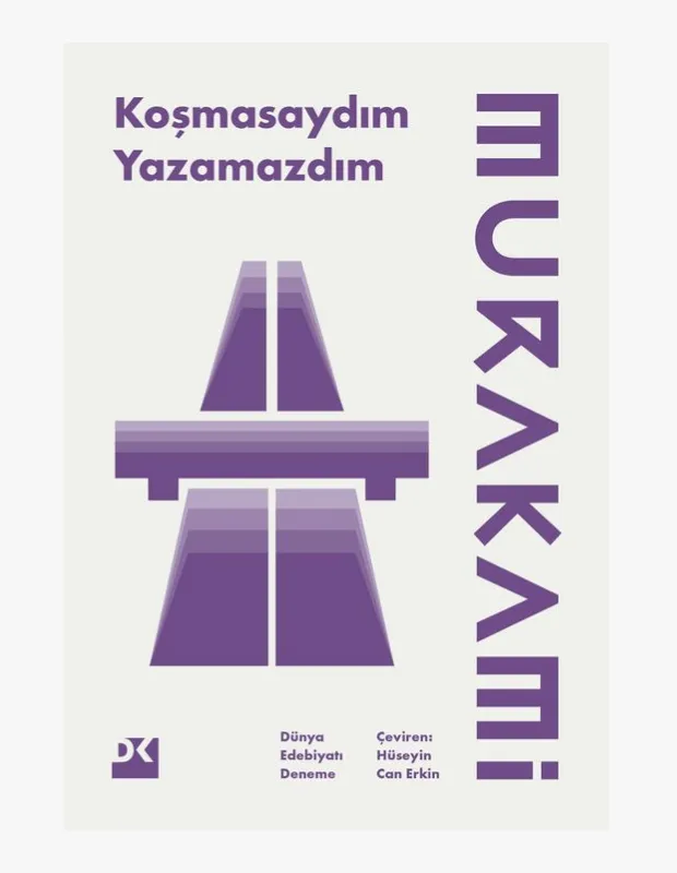 Murakami'nin Koşmasaydım Yazamazdım adlı deneme kitabının kapağında, açık mor ve beyaz tonların hakim olduğu bir zeminde, koşu ve yazma temalarını yansıtan soyut bir yol ya da tünel grafiği, yazar ve çevirmen bilgileriyle birlikte okunuyor.