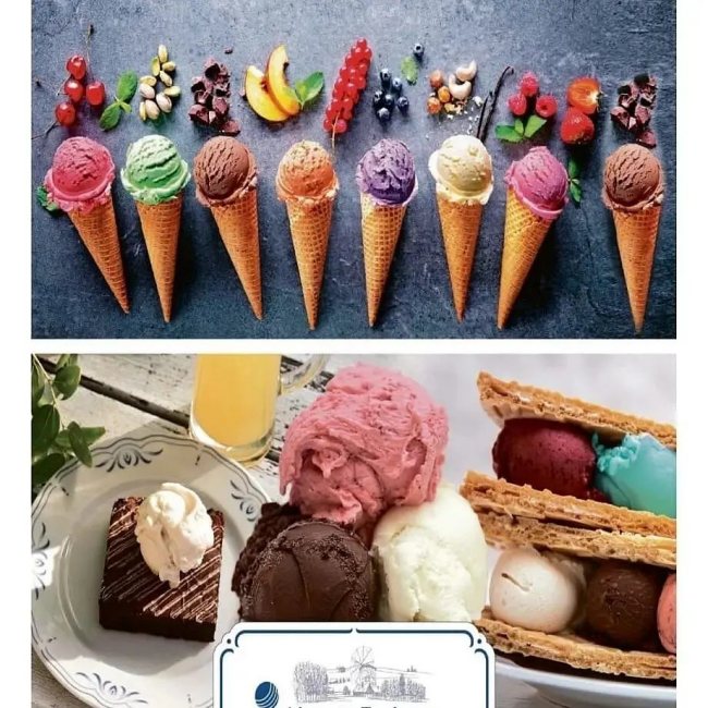 Üstte taze meyve ve kuruyemişlerle süslenmiş külahlarda rengarenk dizili dondurmalar, altta ise üzerinde dondurma olan bir dilim çikolatalı brownie, büyük toplar halinde çeşitli dondurmalar ve kat kat gofret arasında dondurmalı bir tatlının yer aldığı bu görsel, İzmir’in en iyi pastaneleri arasında öne çıkan zengin ve iştah açıcı dondurma ile diğer tatlı çeşitlerini yansıtmaktadır.