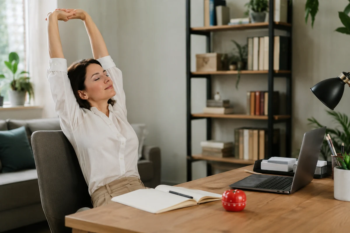 Ofis koltuğunda oturup kollarını başının üzerinde kenetleyerek esneyen, gözleri kapalı dinlenen bir kadın, ev ofis ortamında verimli bir tatil dönüşü için zaman yönetimi ve Pomodoro tekniğiyle odaklanmaya çalışırken huzurlu bir mola veriyor.