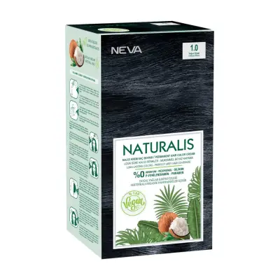 Neva markalı Naturalis Vegan Kalıcı Krem Saç Boyası'nın yoğun siyah renkli kutusu, palmiye yaprakları ve hindistan cevizi görselleriyle organik içerikleri, paraben ve silikon gibi zararlı maddeleri içermediğini vurgulayan vegan sertifikalı bir saç bakımı ürünü olarak öne çıkıyor.