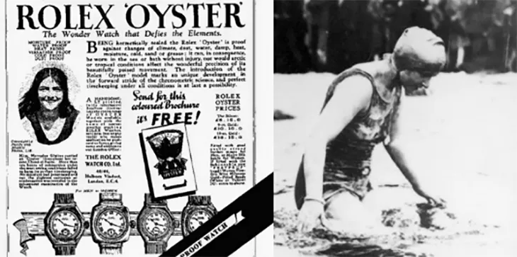 1927’de Mercedes Gleitze’nin Manş Denizi geçişi sırasında kullandığı Rolex Oyster; yan tarafta dönemin reklamı ve ünlü yüzücünün tarihi anı yer alıyor.
