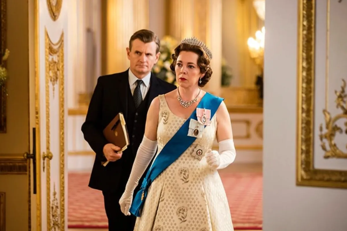 Altın yaldızlı duvarlara ve sütunlara sahip lüks bir saray koridorunda, Olivia Colman, mavi kuşağı, parlayan tacı ve beyaz eldivenleriyle Kraliçe II. Elizabeth rolünde endişeli bir ifadeyle önde yürürken, Charles Edwards arkasında elinde bir klasörle ona eşlik ediyor.