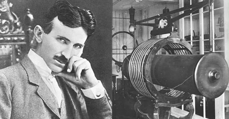 Nikola Tesla’nın portresi ve laboratuvarındaki elektrikli icatlardan biri; dahi mucidin çalışmaları ve buluşlarıyla birlikte ikonik bir görsel