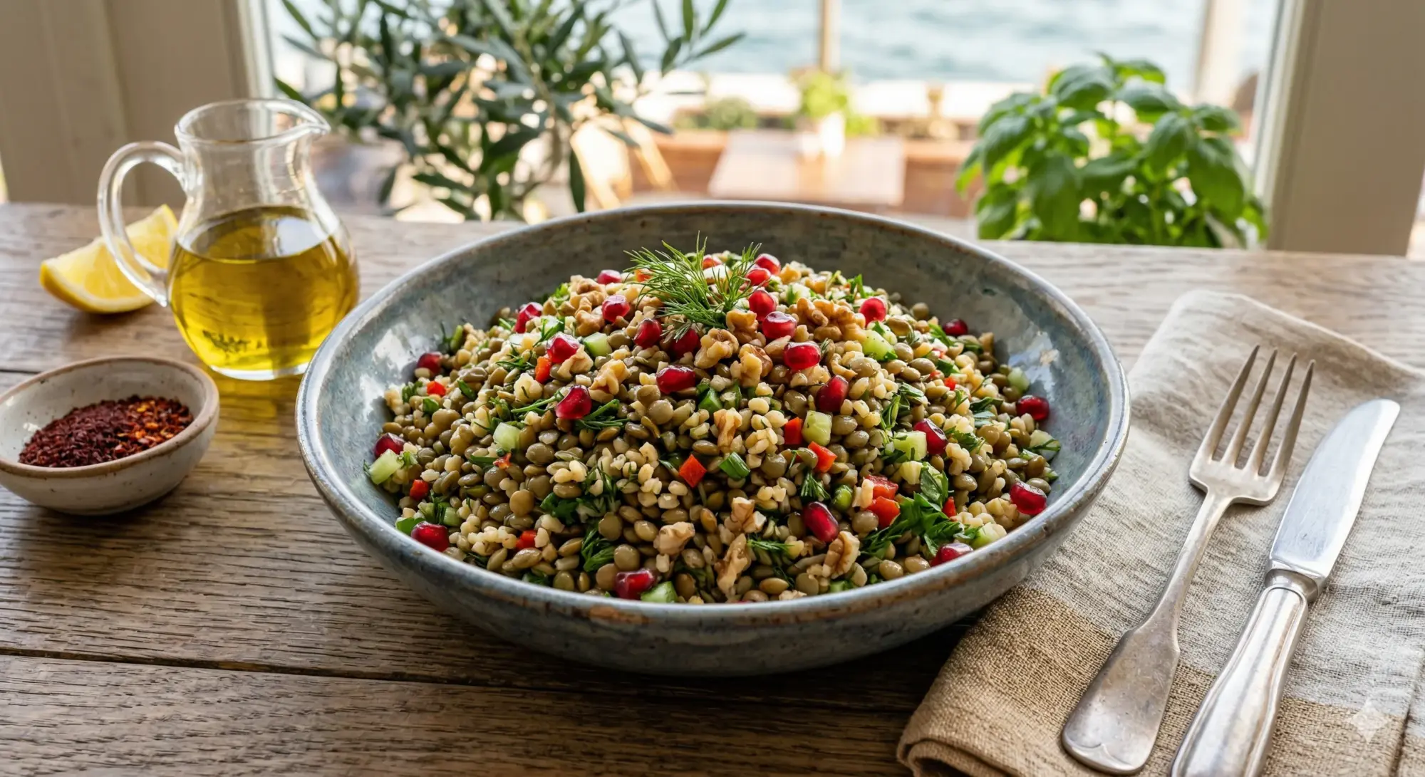 Ahşap bir masa üzerinde, nar taneleri, ceviz, salatalık ve maydanozla zenginleştirilmiş mercimek veya bulgur ağırlıklı sağlıklı bir salata, aralıklı oruç diyeti için besleyici bir öğün seçeneği sunarken, zeytinyağı ve limon dilimiyle tamamlanıyor.