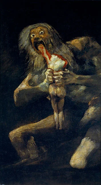 Goya'nın sanat tarihinde siyah rengin anlamını vurgulayan bu karanlık eserinde, dehşet verici bir biçimde çılgınca bakışlı yaşlı bir figür, karanlık ve umutsuz bir atmosferde bir çocuğun vücudunu kanlı bir şekilde yiyerek insanlık durumunun en acımasız yönlerini gözler önüne seriyor.