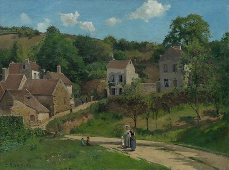 The Hermitage at Pontoise (1867) – Camille Pissarro imzalı tablo, İzlenimcilik öncüsü manzara resmi; Fransa’nın Pontoise bölgesindeki kırsal yolu ve ağaçlarla çevrili peyzajı doğal ışık kullanımı, açık hava (plein air) tekniği ve yumuşak fırça darbeleriyle betimleyen erken dönem modern sanat eseri.
