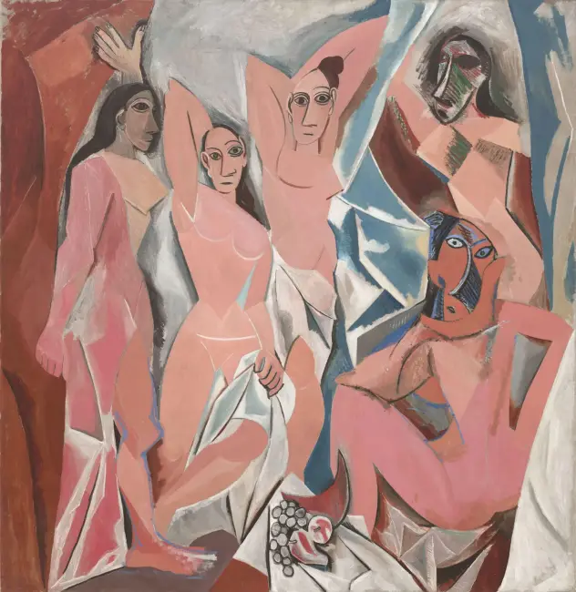 Picasso’nun Avignonlu Kızlar tablosu, geometrik formlarla betimlenmiş beş çıplak kadın figürü.