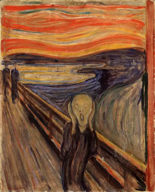 Edvard Munch’un Çığlık tablosu, kıvrımlı doğa fonunda elleriyle yüzünü tutan çığlık atan figür.