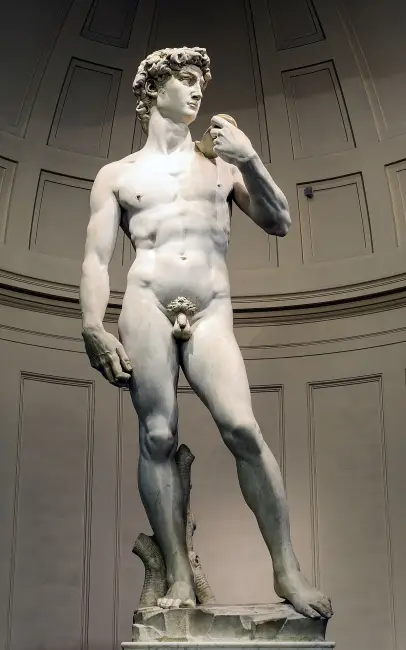 Michelangelo’nun mermerden yaptığı Davut heykeli, çıplak ve detaylı anatomik figür.