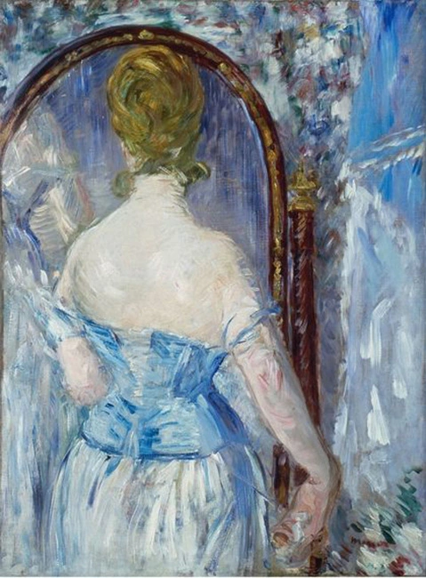 Before the Mirror (1876) – Édouard Manet imzalı tablo, Solomon R. İzlenimcilik dönemine yakın portre eseri; aynaya bakan genç kadın figürünü modern yaşam teması, yumuşak ışık kullanımı ve serbest fırça darbeleriyle betimleyen 19. yüzyıl Fransız modern sanat başyapıtı.