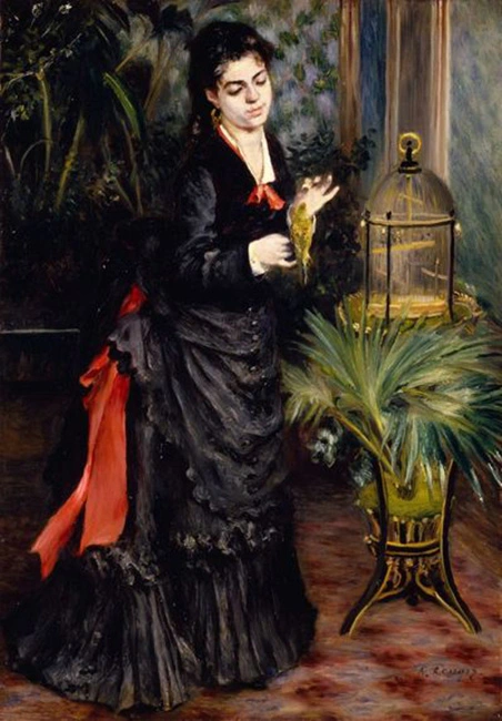 Woman with a Parrot (1871) – Pierre-Auguste Renoir tablosu, Solomon R. Guggenheim Müzesi koleksiyonunda yer alan izlenimcilik dönemi eseri; egzotik kostümlü genç bir kadının omzundaki papağanla betimlendiği, detaylı fırça darbeleri ve zengin renk paletiyle öne çıkan yağlıboya tablo.