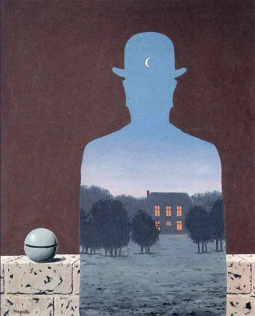 René Magritte’nin sürrealist tablosu, siluet içinde ev ve ay figürüyle mutluluğun farklı bir yorumunu yansıtır