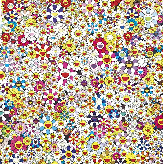 Takashi Murakami’nin gülen yüzlü rengarenk çiçek motiflerinden oluşan mutluluğu simgeleyen tablosu