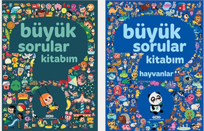 İki adet Büyük Sorular Kitabım çocuk kitabı kapağı yan yana görülüyor; soldaki genel konulu kapakta sallanan bir kız çocuğu ve etrafında farklı nesneler, sağdaki hayvanlar temalı kapakta ise bambu tutan bir panda ve sayısız hayvan figürü, içeriğin yaş gruplarına özel çocuk kitapları önerileriyle uyumunu yansıtıyor.